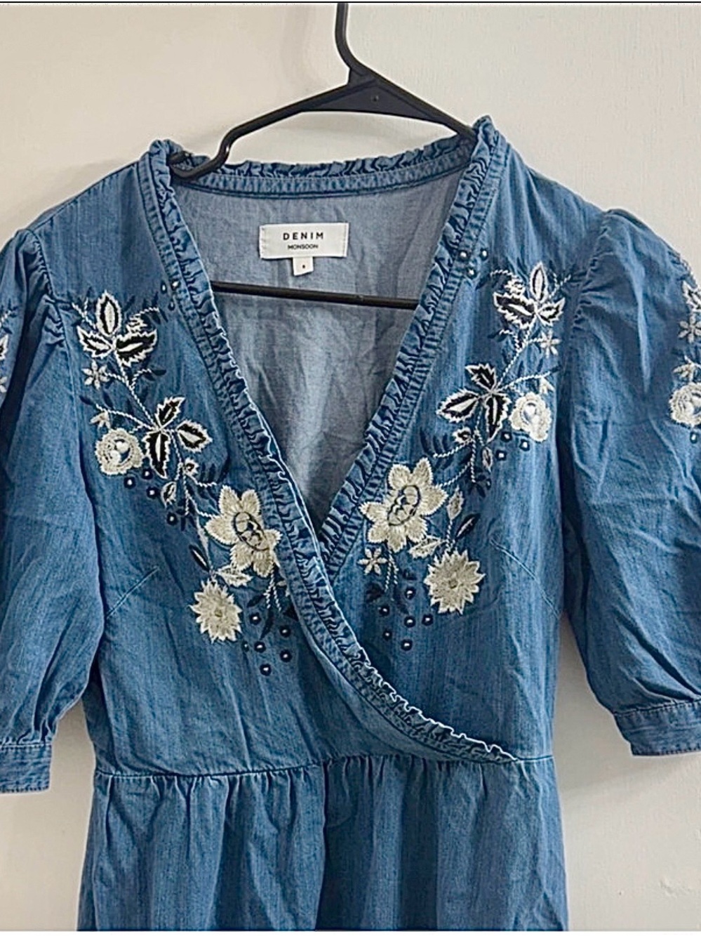 Monsoon Blue Denim Embroidered Tiered Midi Dress Size 8 - Picture 3 of 11